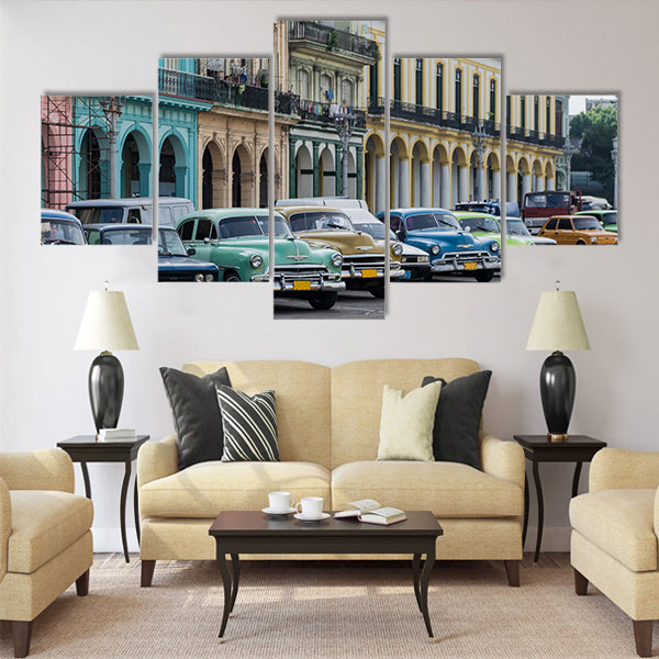 Street scene with vintage car  Multi panel canvas wall art