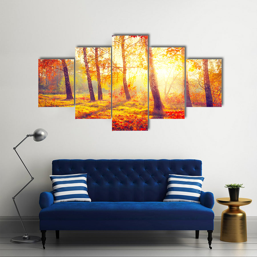 Autumnal Park Autumn Trees and Leaves in Sun Rays Multi Panel Canvas Wall Art