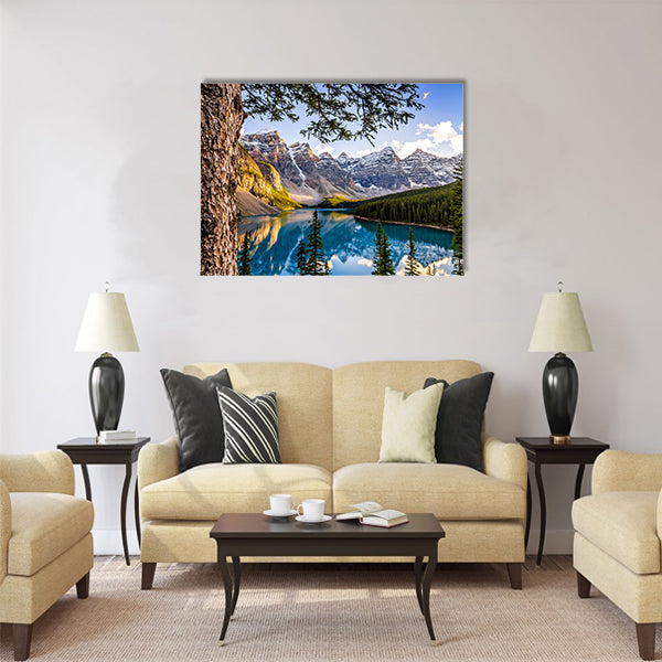 Landscape view of Morain lake and mountain range multi panel canvas wall art
