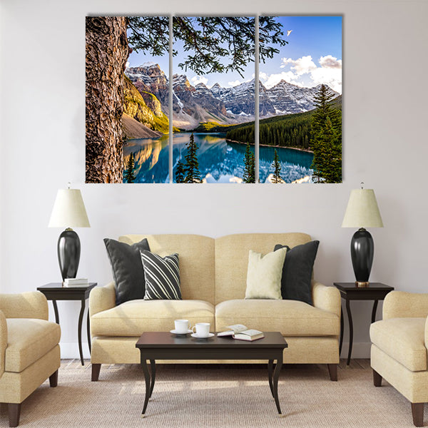 Landscape view of Morain lake and mountain range multi panel canvas wall art