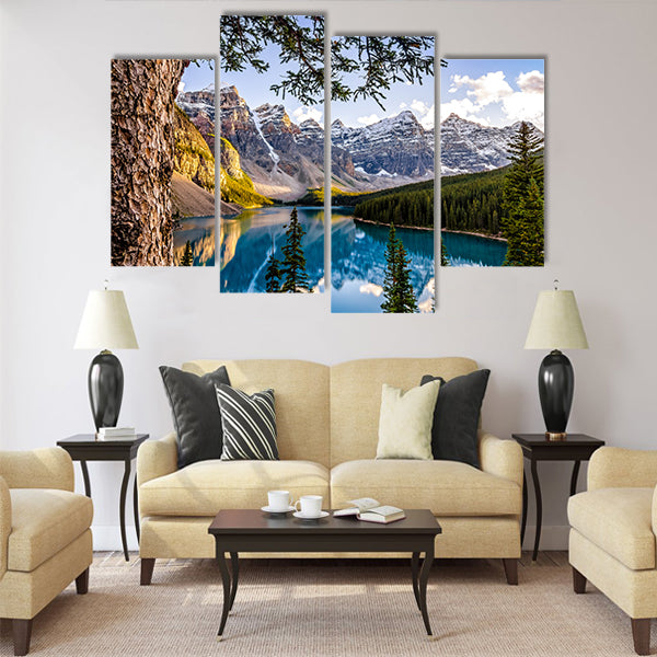 Landscape view of Morain lake and mountain range multi panel canvas wall art