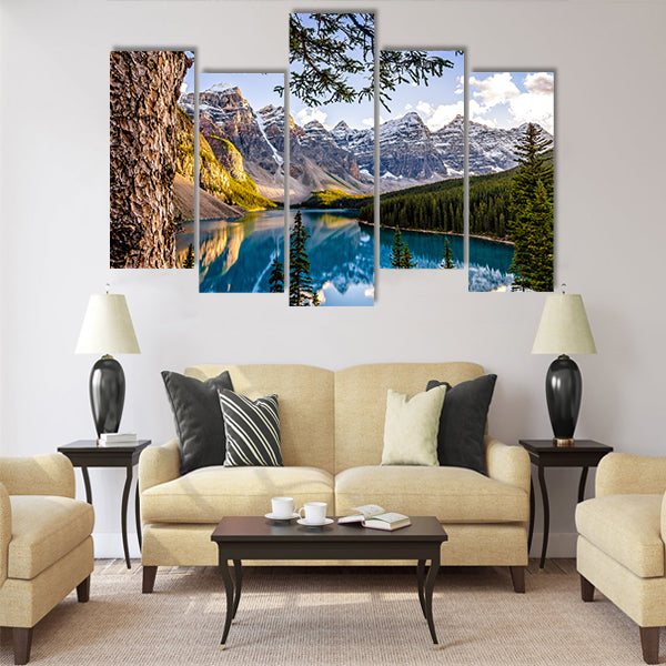 Landscape view of Morain lake and mountain range multi panel canvas wall art