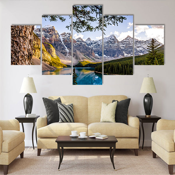Landscape view of Morain lake and mountain range multi panel canvas wall art