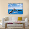 Jumping Dolphins, Blue Sea And Sky, White Clouds Multi Panel Canvas Wall Art