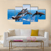 Jumping Dolphins, Blue Sea And Sky, White Clouds Multi Panel Canvas Wall Art