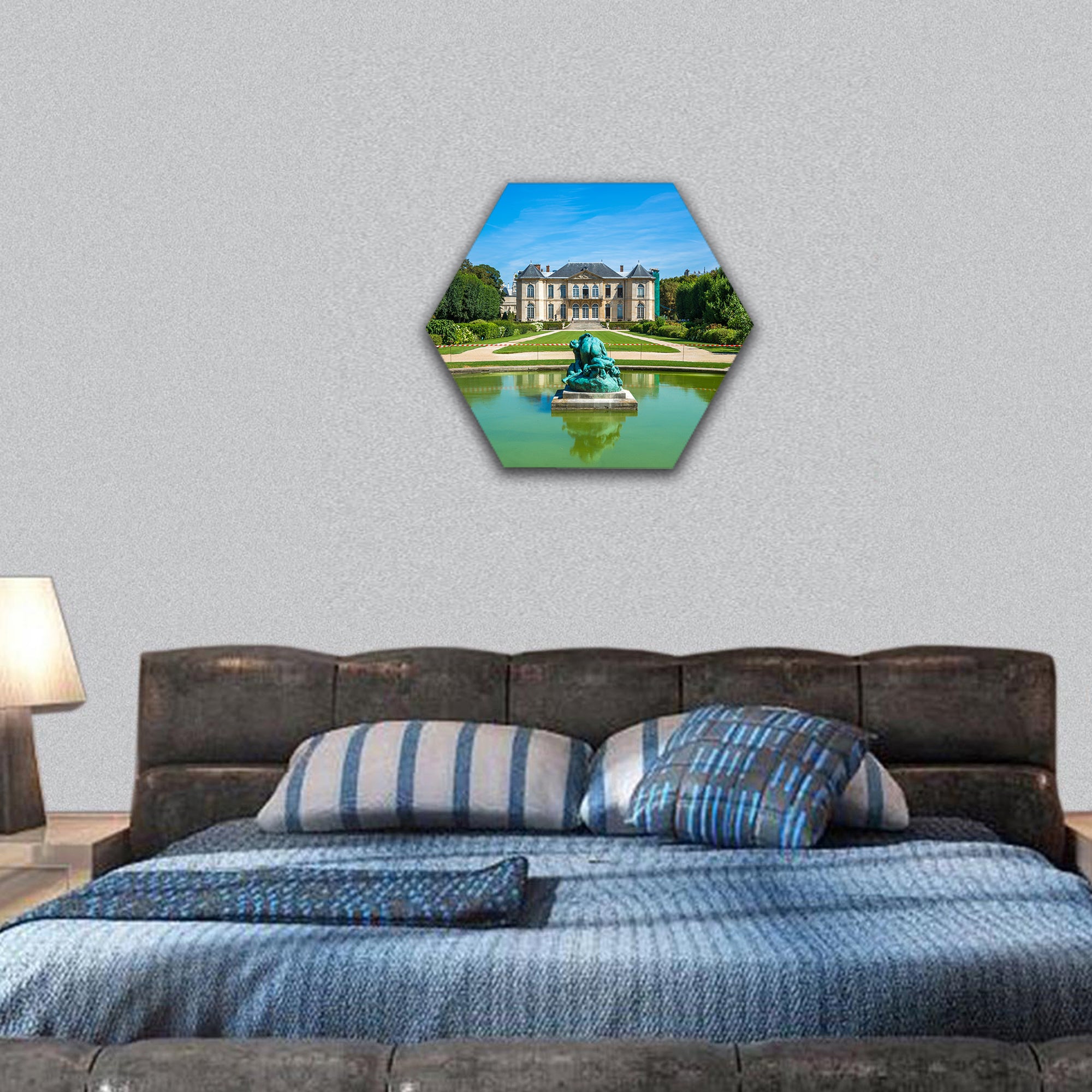 Rodin museum and gardens with pond in front hexagonal canvas wall art
