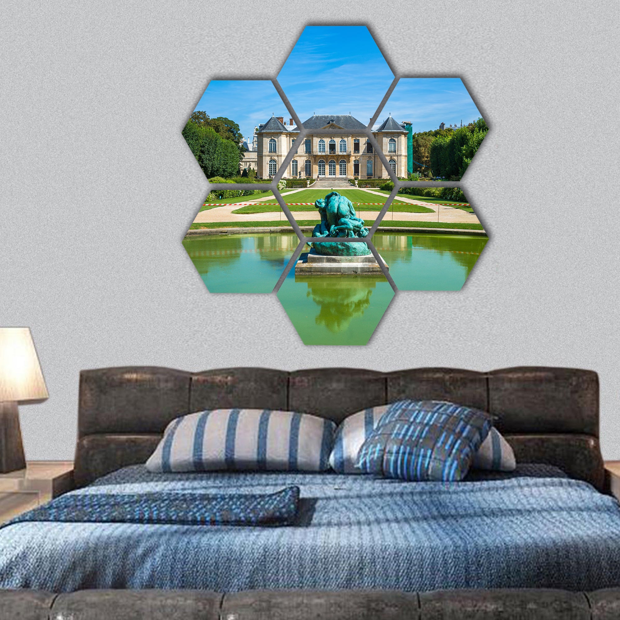 Rodin museum and gardens with pond in front hexagonal canvas wall art