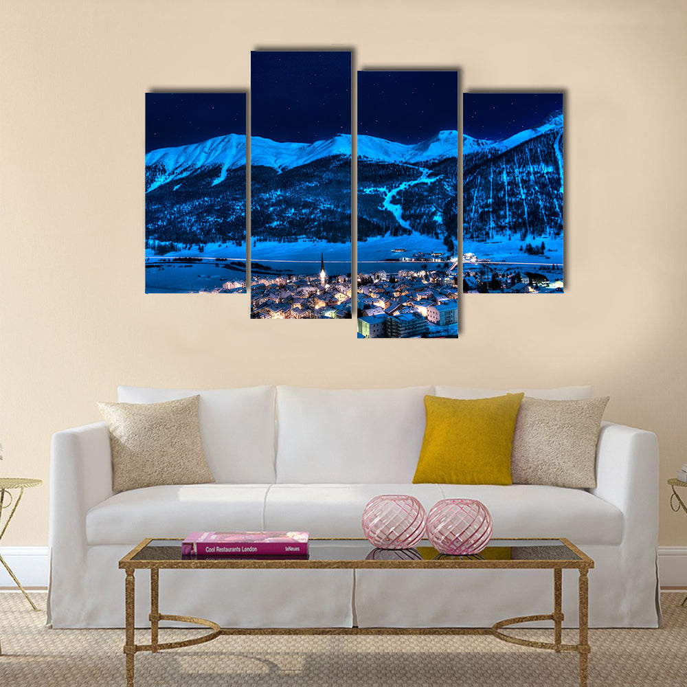 switzerland near St Moritz in a winter night Multi panel canvas wall art