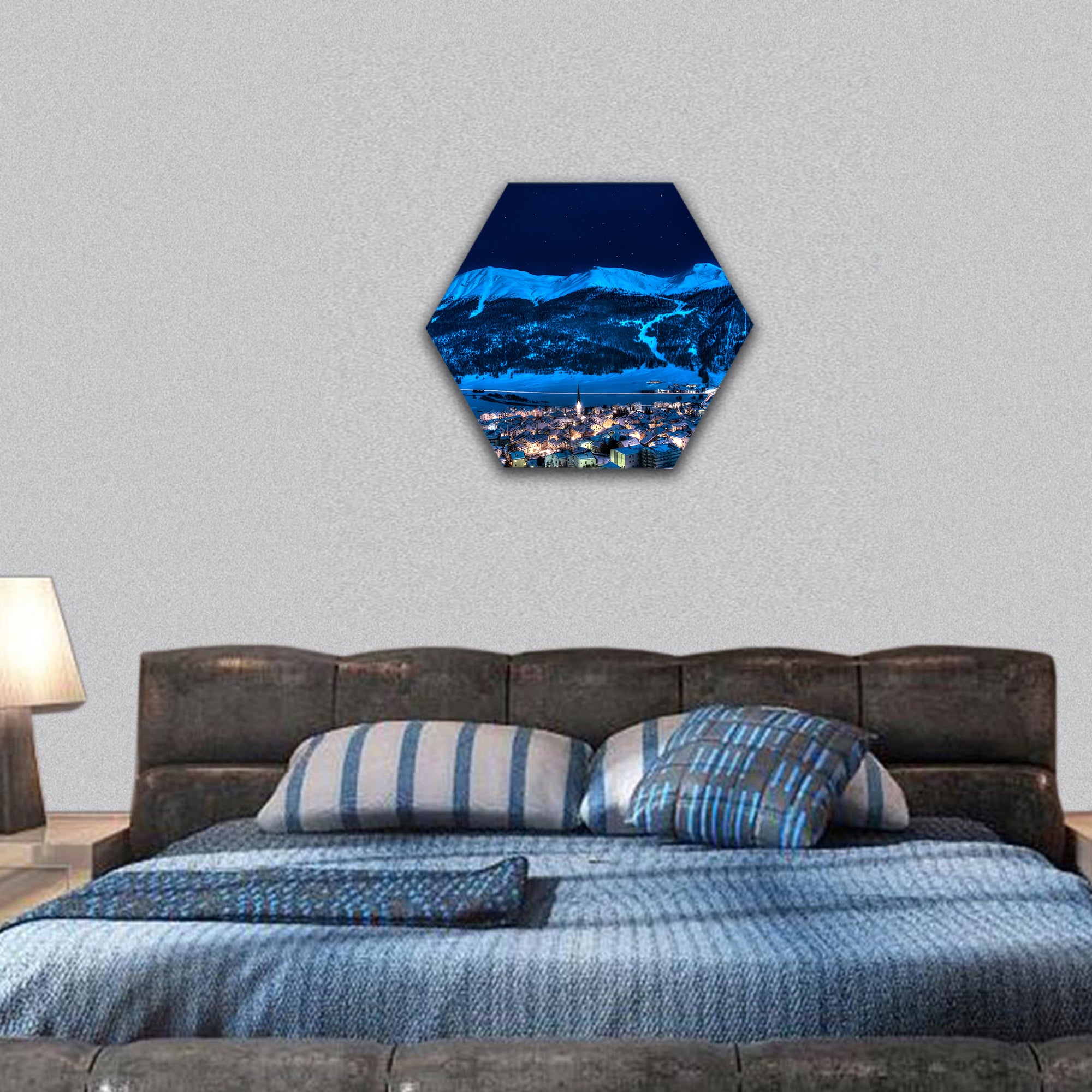 Zuoz - engadin - Switzerland near St Moritz in a winter night hexagonal canvas wall art