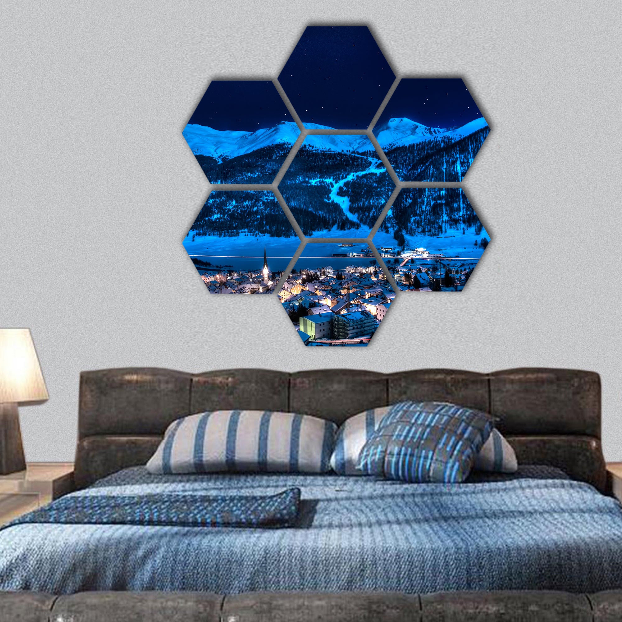 Zuoz - engadin - Switzerland near St Moritz in a winter night hexagonal canvas wall art