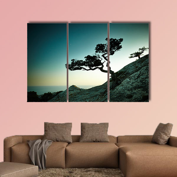 Tree and sea at sunset multi panel canvas wall art