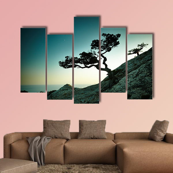 Tree and sea at sunset multi panel canvas wall art
