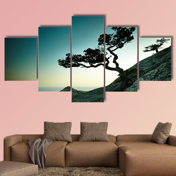 Tree and sea at sunset multi panel canvas wall art