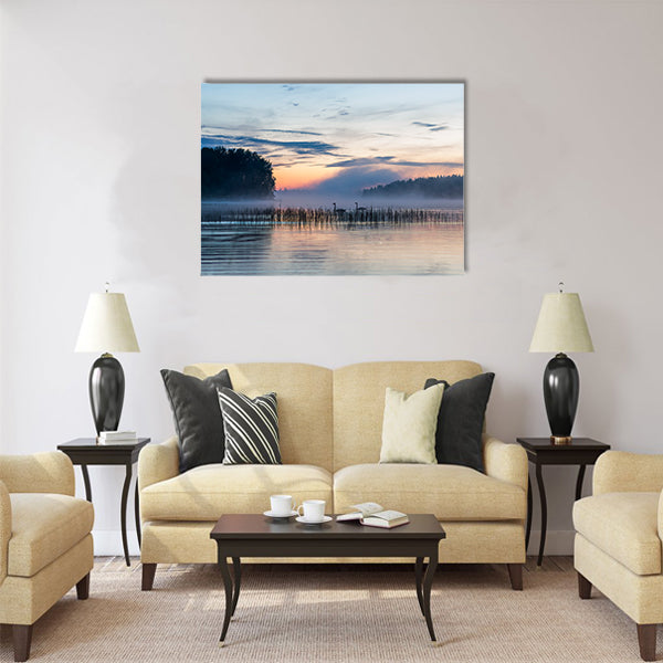 Sunset and fog over a lake in Finland Multi panel canvas wall art