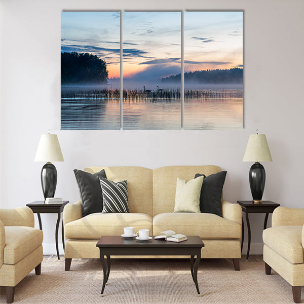 Sunset and fog over a lake in Finland Multi panel canvas wall art