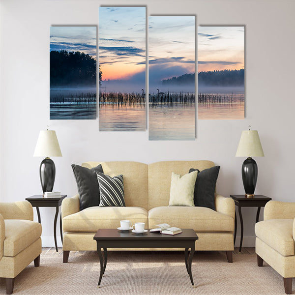 Sunset and fog over a lake in Finland Multi panel canvas wall art