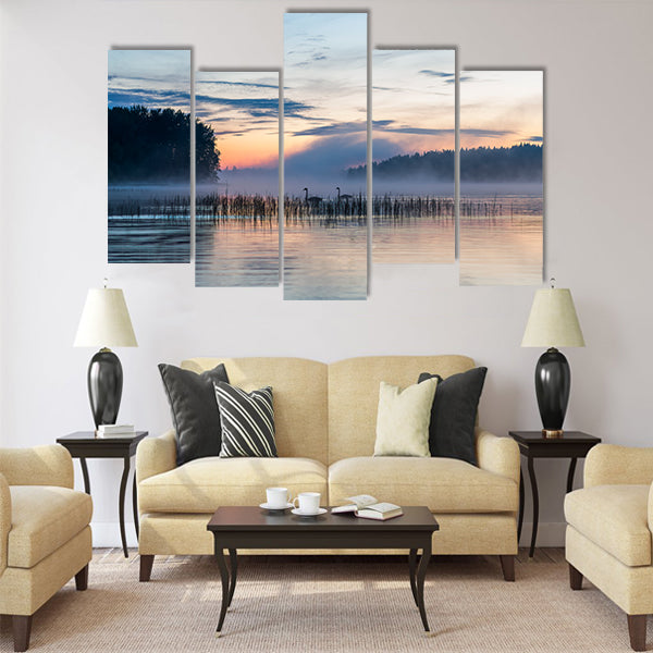 Sunset and fog over a lake in Finland Multi panel canvas wall art