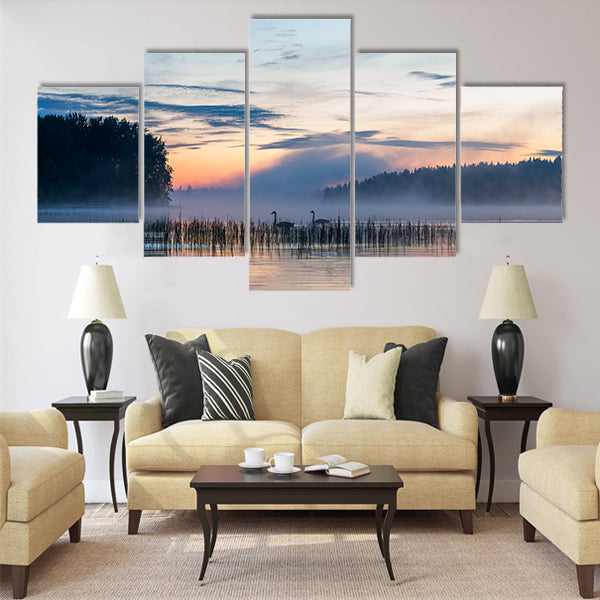 Sunset and fog over a lake in Finland Multi panel canvas wall art