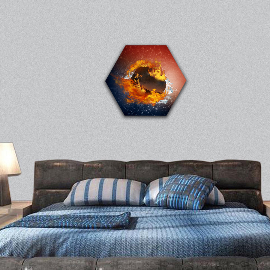 Burning puck with shards of ice hexagonal canvas wall art