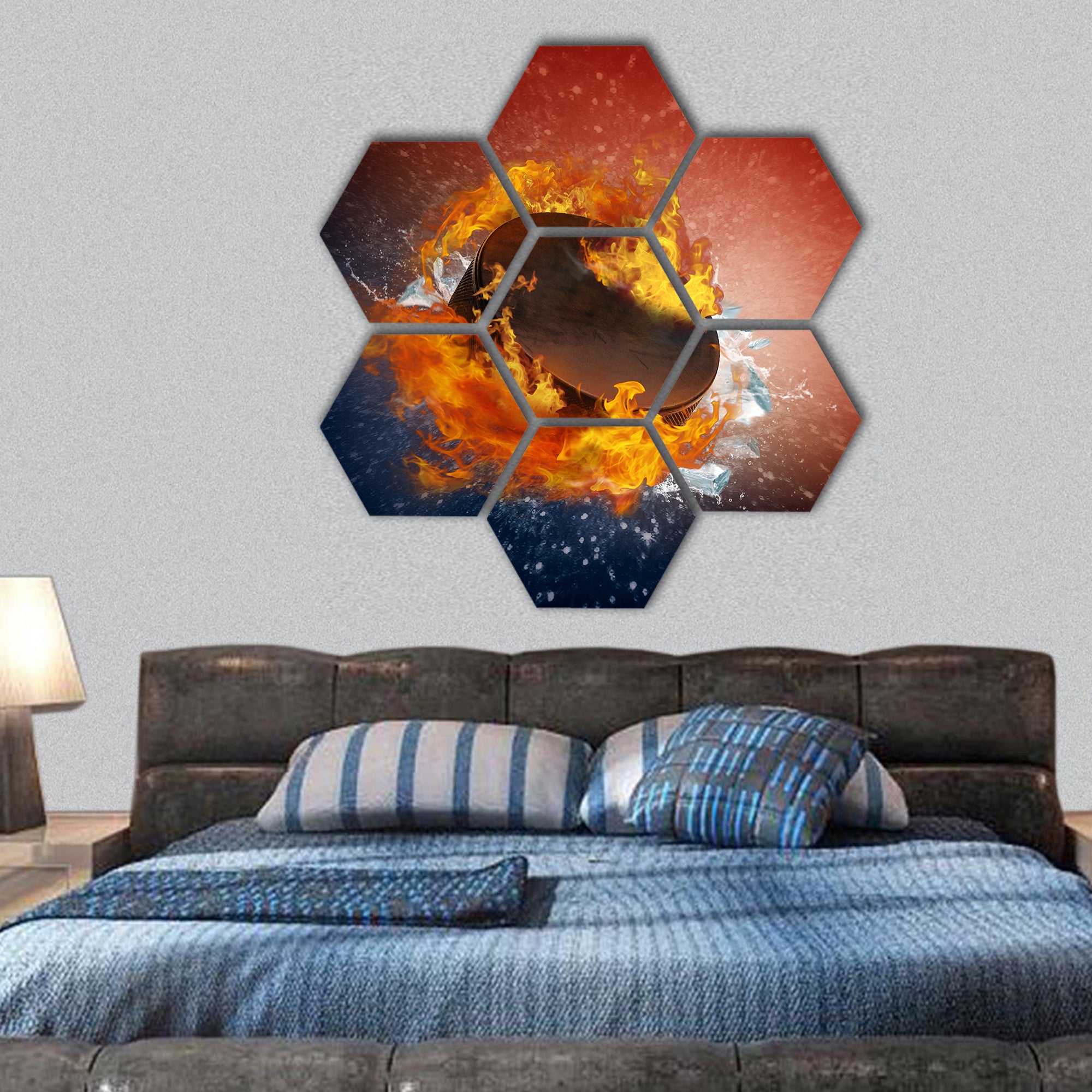Burning puck with shards of ice hexagonal canvas wall art