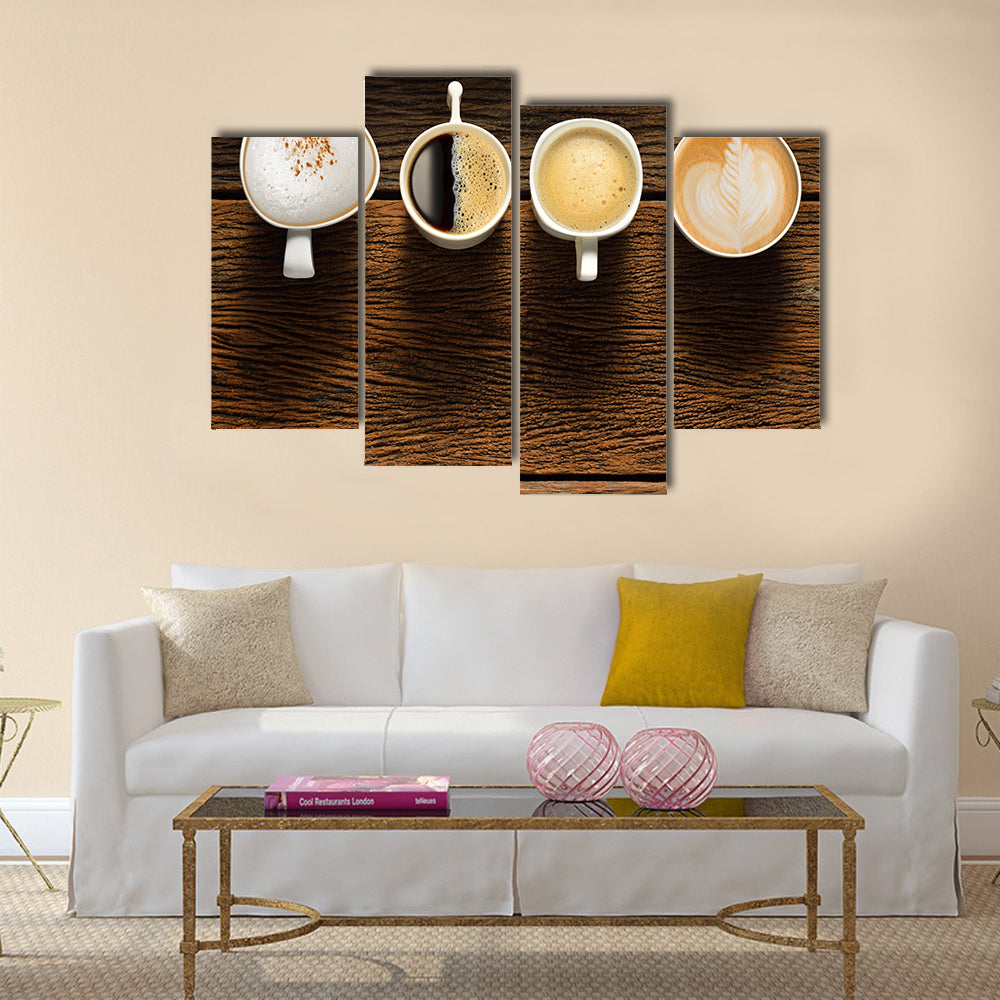Variety of cups of coffee on old wooden table Multi Panel Canvas Wall Art