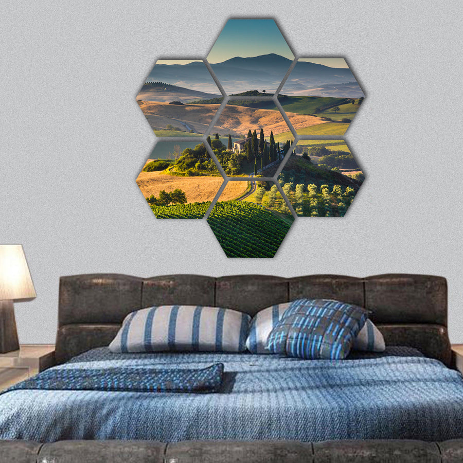 Tuscany landscape with rolling hills and valleys Italy hexagonal canvas wall art