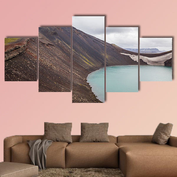 Vulcano crater with water in Iceland multi panel canvas wall art