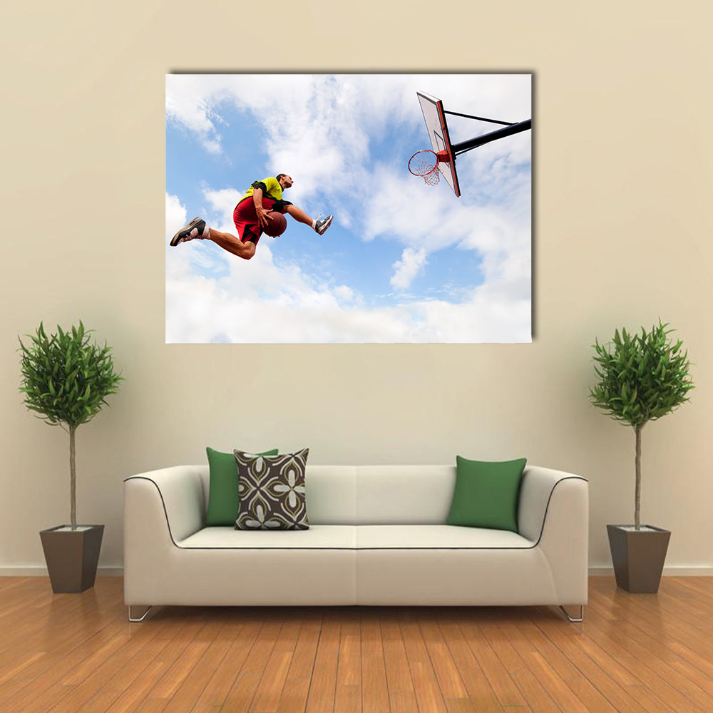 Young man jumping and playing street ball basketball Urban authentic Multi panel canvas wall art