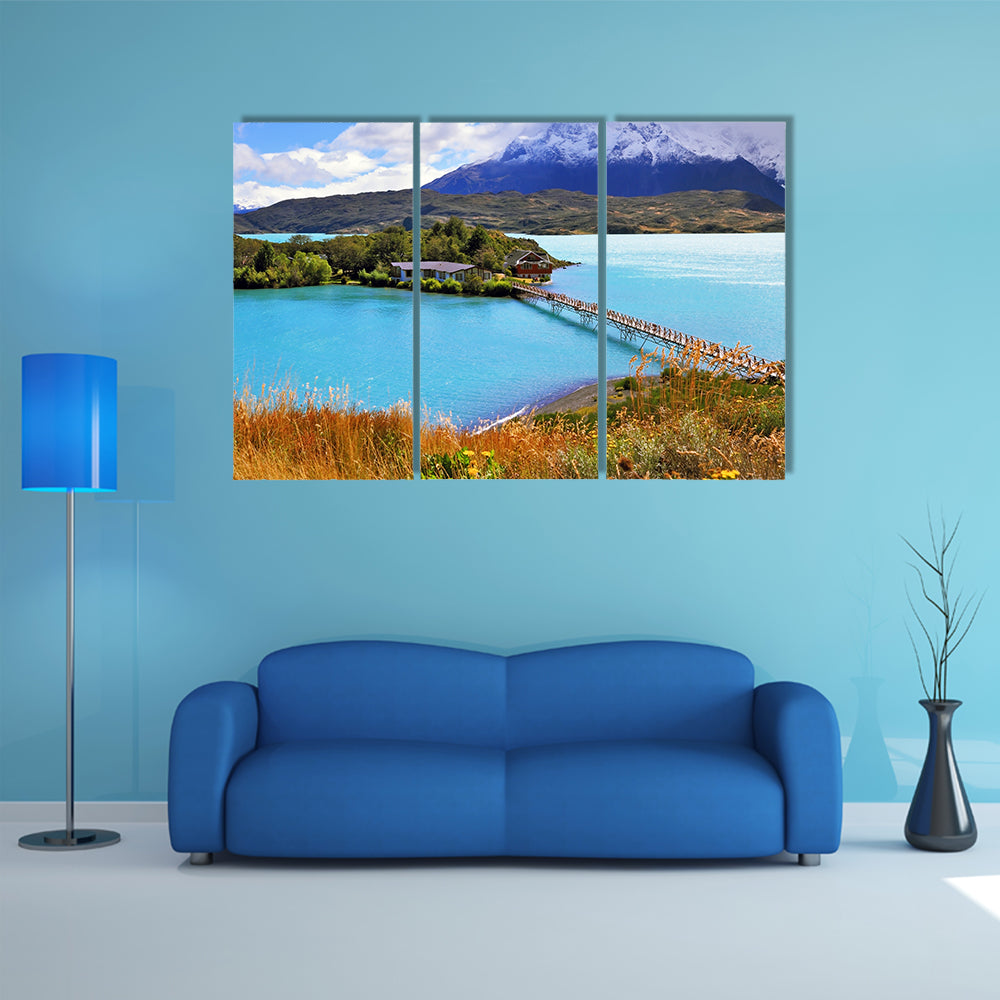 Picturesque little island in the lake Pehoe multi panel canvas wall art