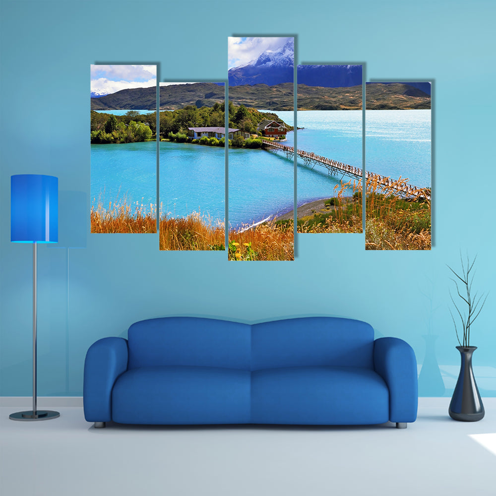 Picturesque little island in the lake Pehoe multi panel canvas wall art