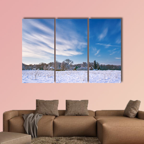 Village in winter morning Multi panel canvas wall art