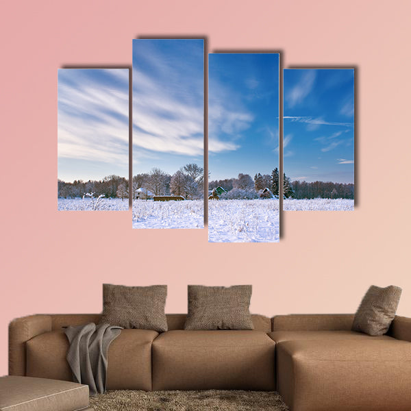 Village in winter morning Multi panel canvas wall art