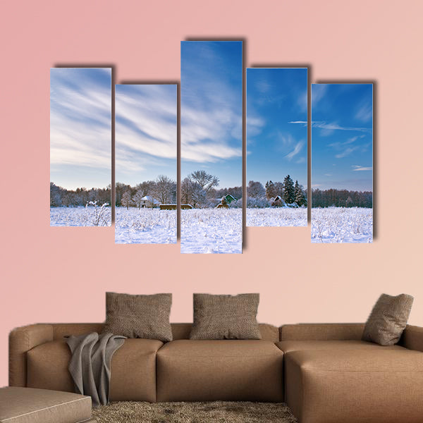 Village in winter morning Multi panel canvas wall art