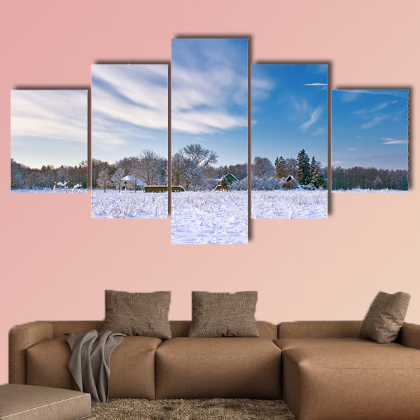 Village in winter morning Multi panel canvas wall art