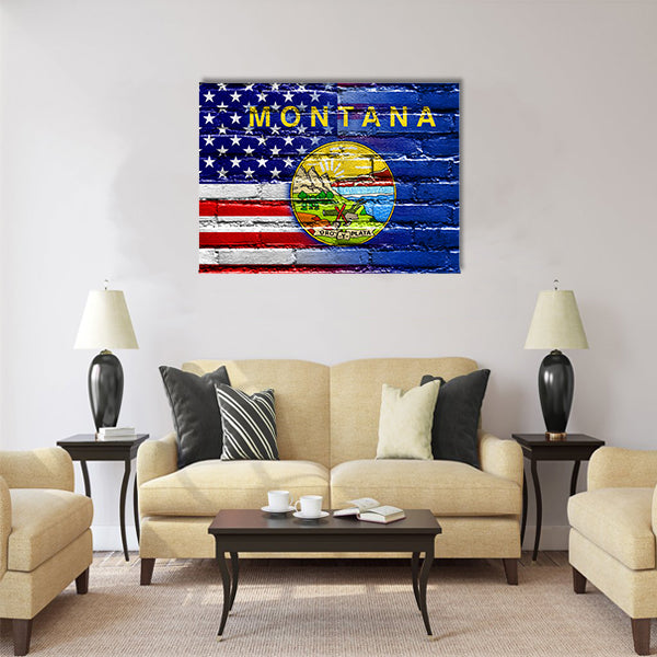 USA and Montana State Flag painted on brick wall Multi panel canvas wall art
