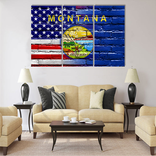 USA and Montana State Flag painted on brick wall Multi panel canvas wall art