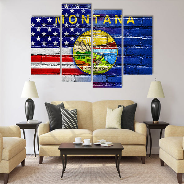 USA and Montana State Flag painted on brick wall Multi panel canvas wall art