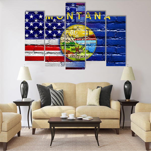 USA and Montana State Flag painted on brick wall Multi panel canvas wall art