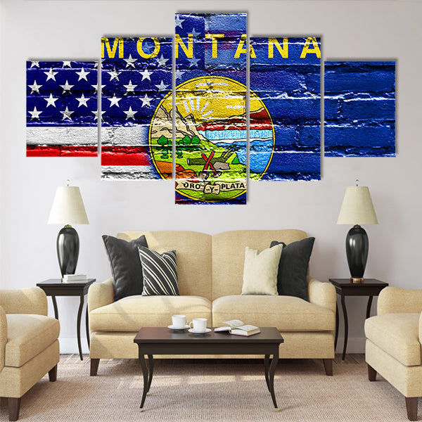 USA and Montana State Flag painted on brick wall Multi panel canvas wall art