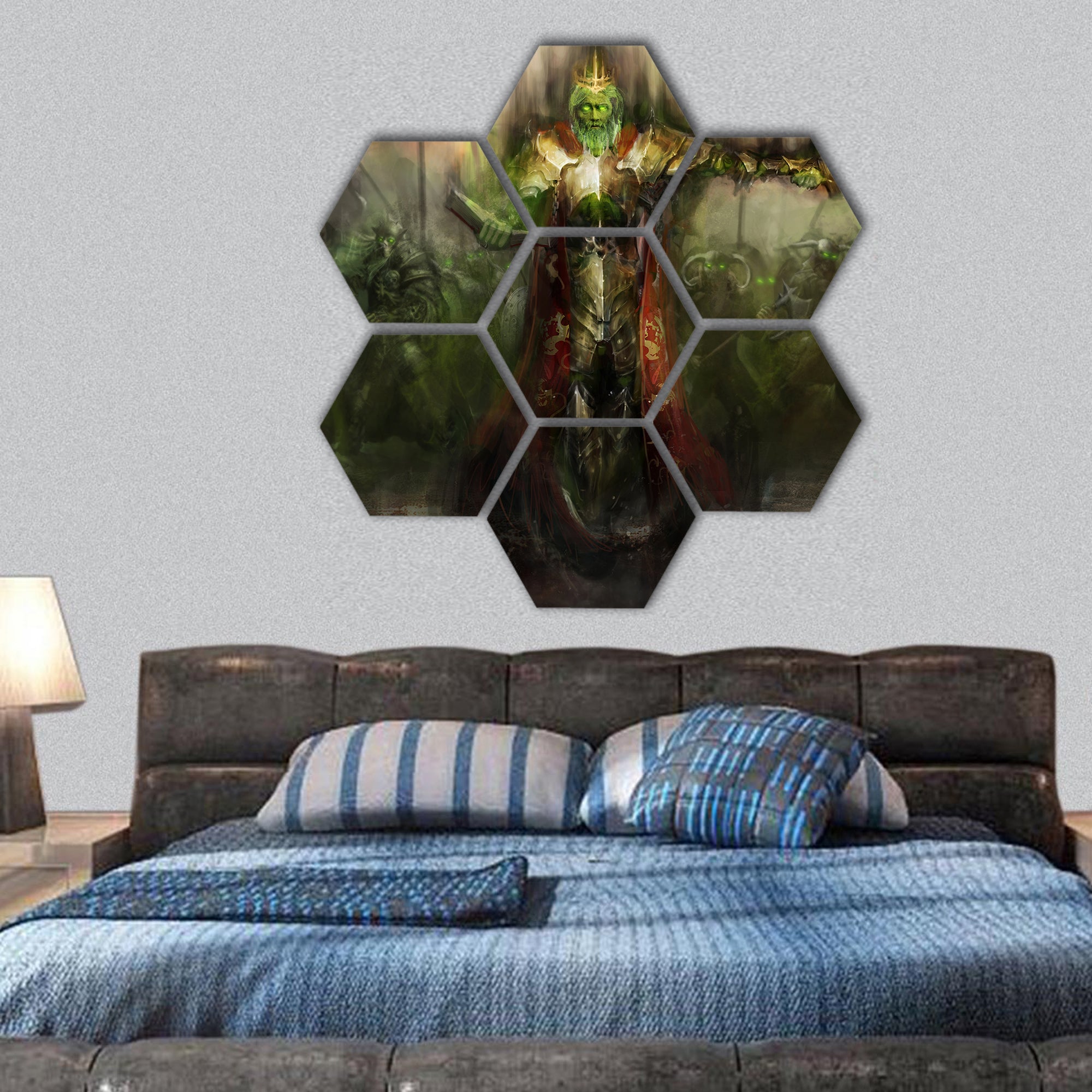 Death king leading his army hexagonal canvas wall art