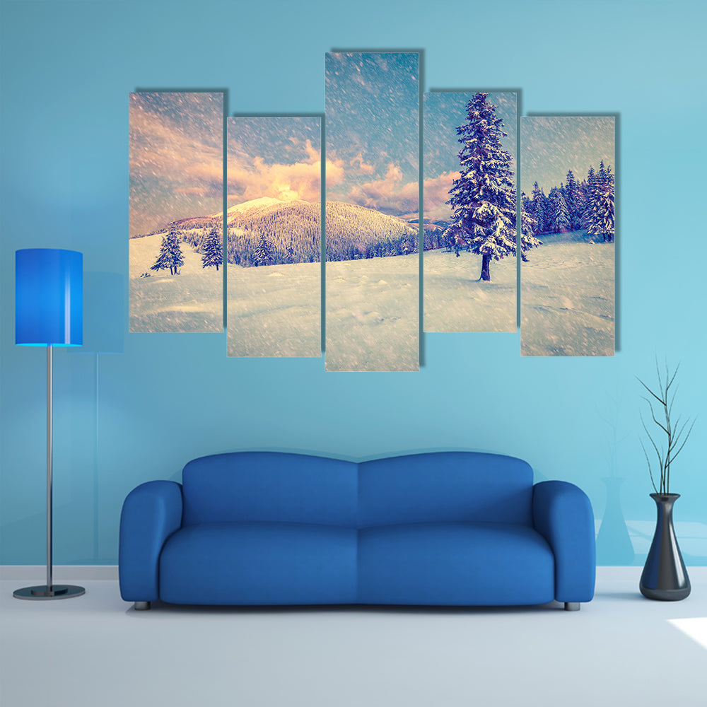 A Beautiful Winter Sunrise In The Mountains Multi Panel Canvas Wall Art