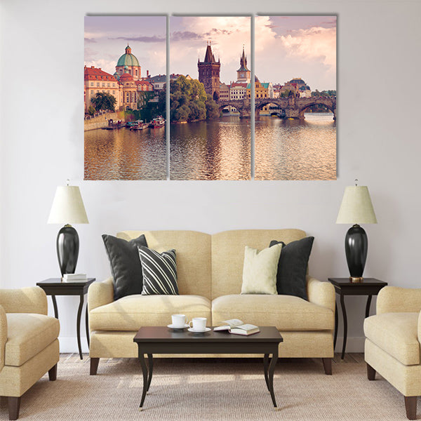 Charles Bridge and spires of the Prague Old Town Multi Panel Canvas Wall Art