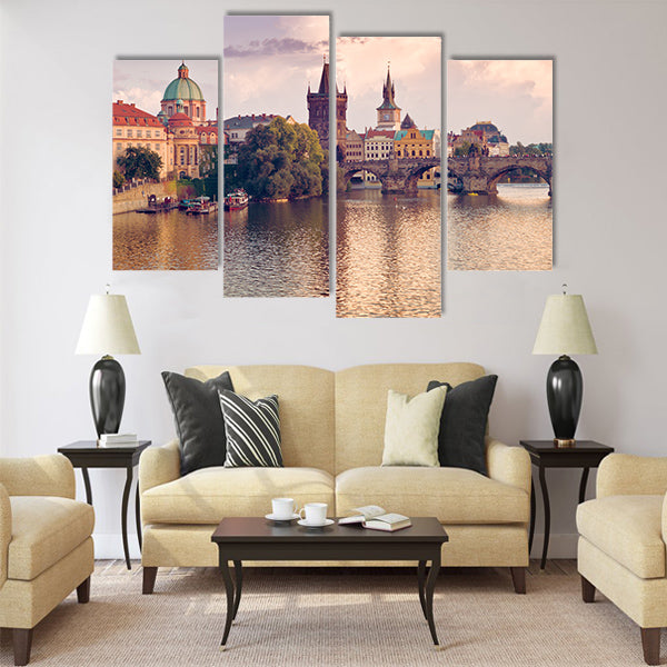 Charles Bridge and spires of the Prague Old Town Multi Panel Canvas Wall Art