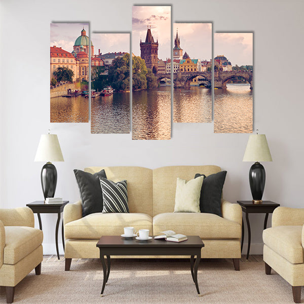 Charles Bridge and spires of the Prague Old Town Multi Panel Canvas Wall Art
