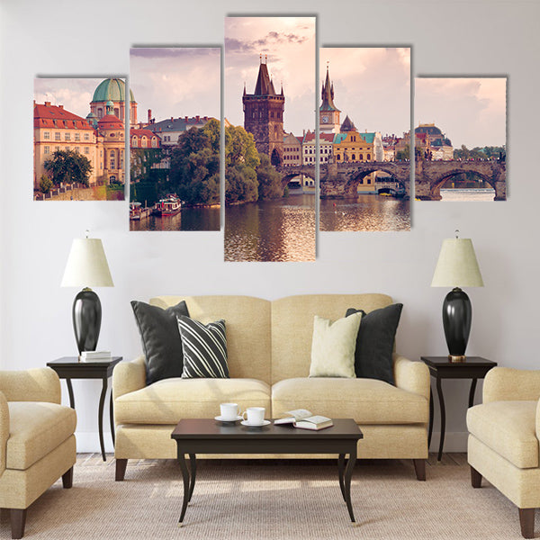 Charles Bridge and spires of the Prague Old Town Multi Panel Canvas Wall Art