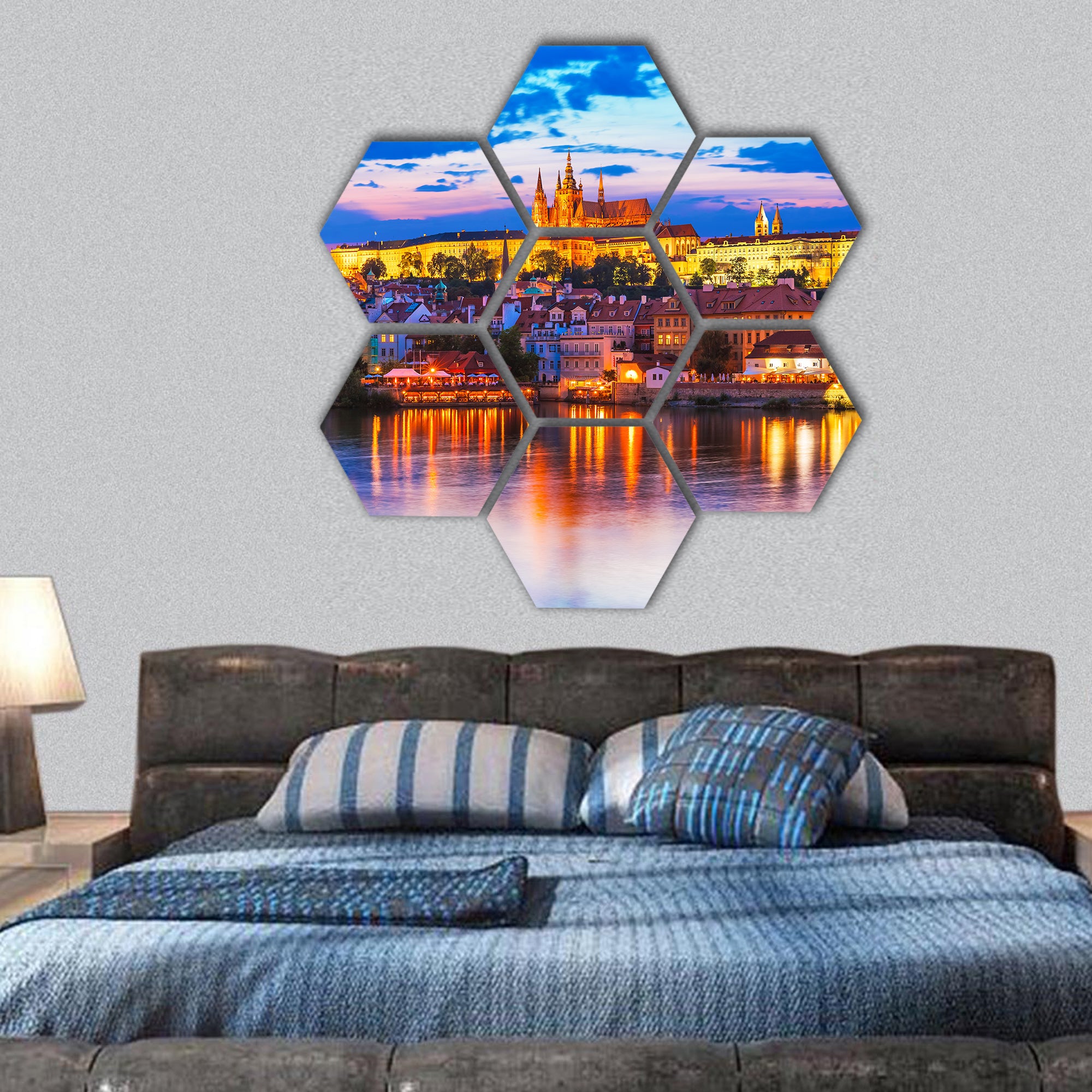 Old Town architecture with Vltava river, Vitus Cathedral in Prague hexagonal canvas wall art