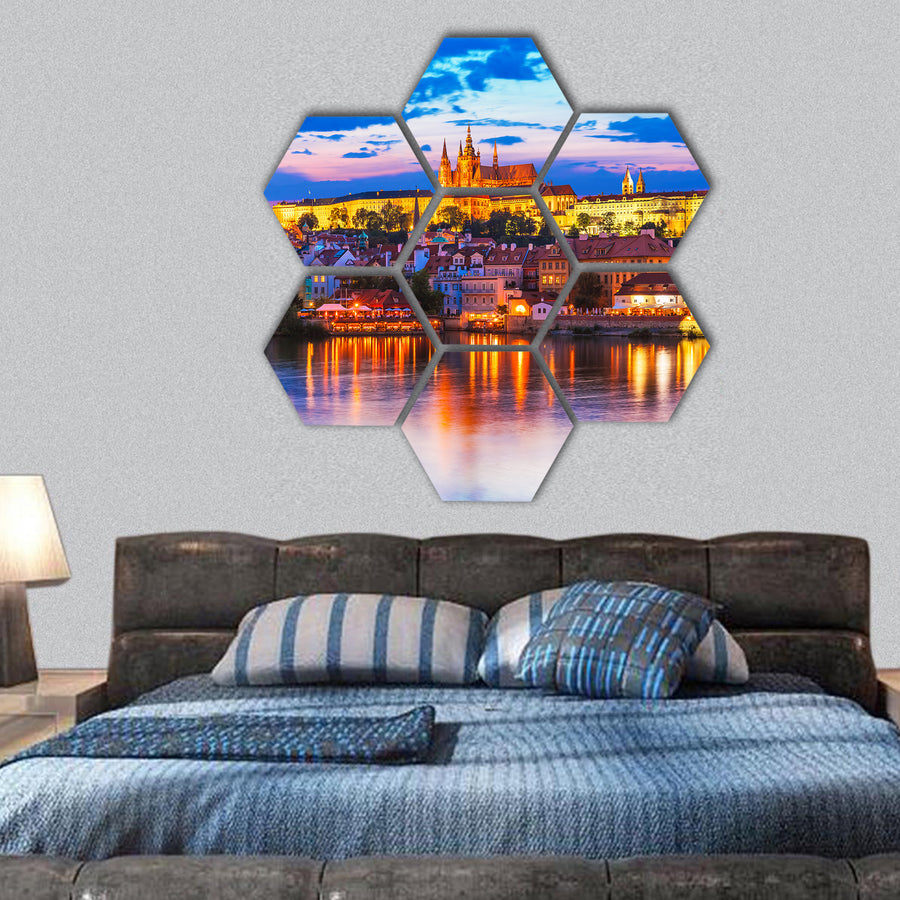 Old Town architecture with Vltava river, Vitus Cathedral in Prague hexagonal canvas wall art
