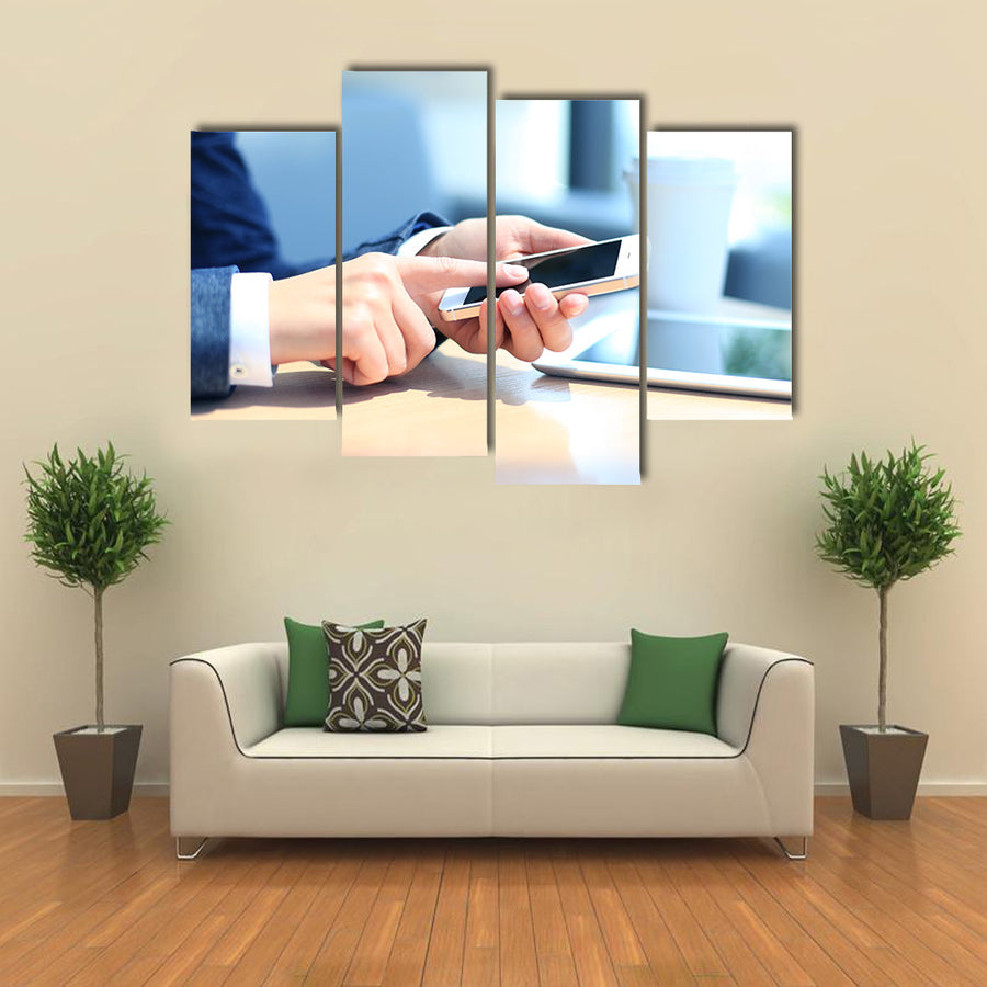 Modern workplace with digital tablet computer and mobile phone Multi panel canvas wall art