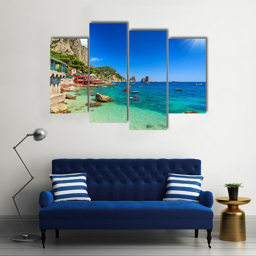 Scene Of The Faraglioni Cliffs And A Beach And Sunrise, Multi Panel Canvas Wall Art