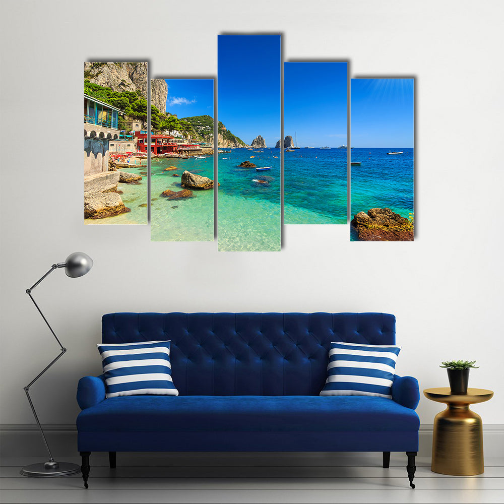 Scene Of The Faraglioni Cliffs And A Beach And Sunrise, Multi Panel Canvas Wall Art